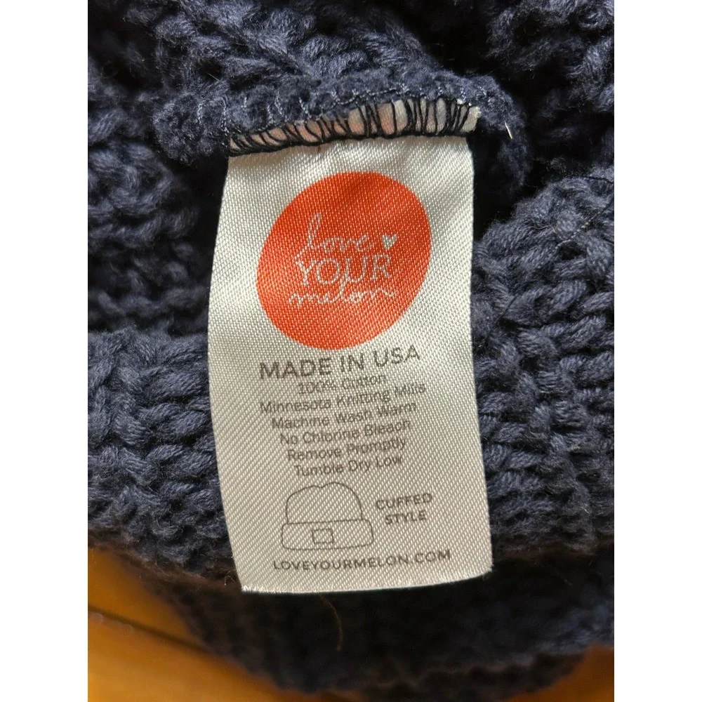 Love Your Melon Granola Navy Blue Cotton Cuffed Beanie Faux Fur Pom Hat USA
